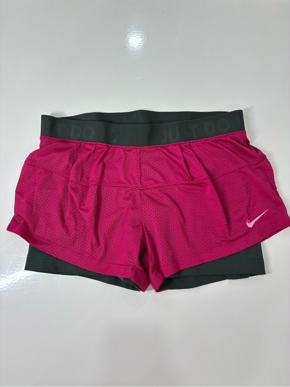 Nike Women's Fuchsia Layered Athletic Shorts with Black Waistband